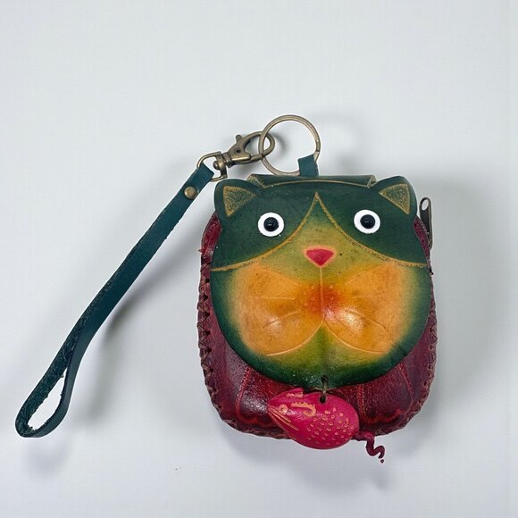 Vintage Leather Cat Coin Purse Wristlet • Hand-Painted • Whimsical Kitty Bag - Picture 1 of 9